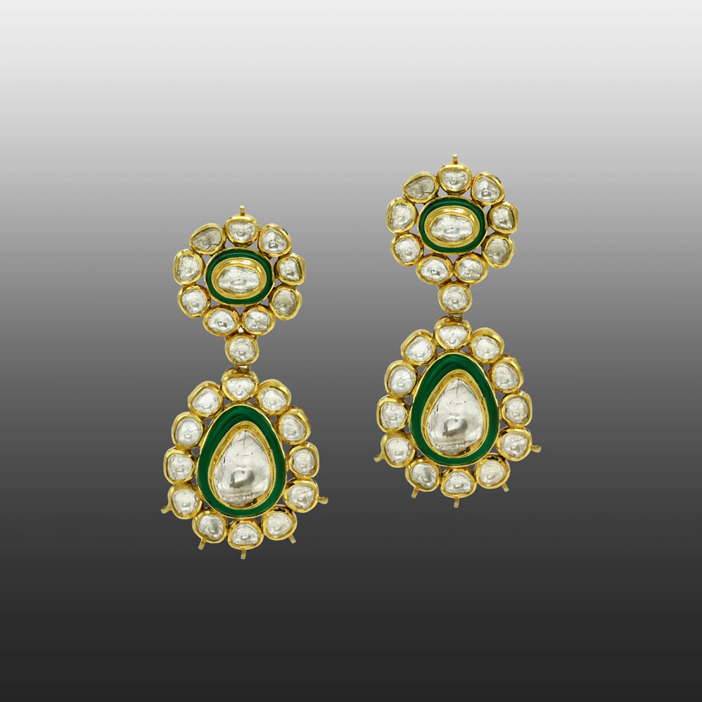 Polki Necklace Set with Green Enamel and Layered Design